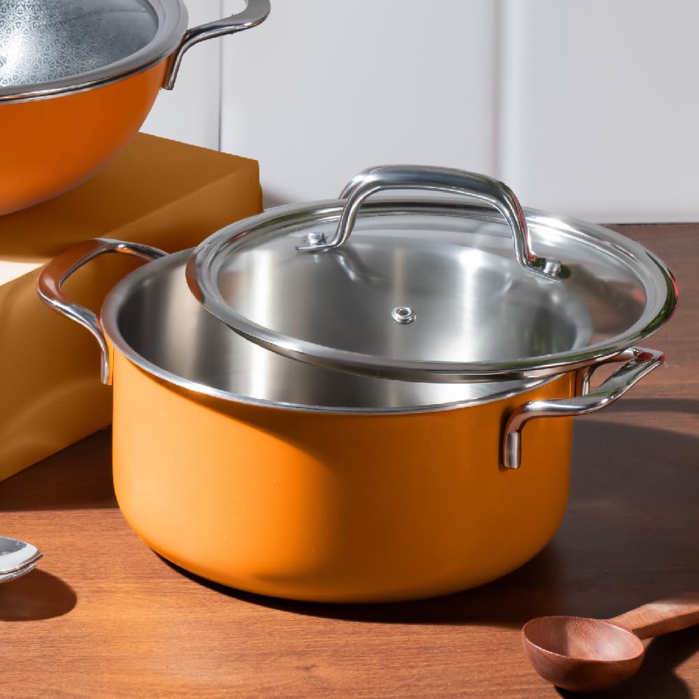 Vida Stainless Steel Triply Pot With Glass Lid - 20 Cm, 3 Liters, Volcanic Color | Bhagona For Biryani, Pulao, Halwa, Curries - Rivet Less Handle | Induction & Gas Base Vida Stainless Steel Triply Pot With Glass Lid - 20 Cm, 3 Liters, Volcanic Color | Bhagona For Biryani, Pulao, Halwa, Curries - Rivet Less Handle | Induction & Gas Base