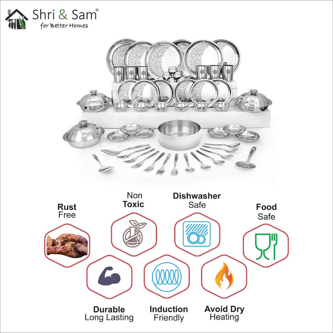 Designer Stainless Steel Delight Laser Bloom Dinner Set Of 61 Pieces, Silver | Dishwasher Safe & Easy To Clean Designer Stainless Steel Delight Laser Bloom Dinner Set Of 61 Pieces, Silver | Dishwasher Safe & Easy To Clean