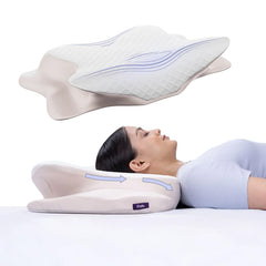 Cervical Butterfly Pillow, Orthopedic Memory Foam Pillow, Beige & White | For Neck & Shoulder Pain Relief | Ergonomic Contours, Pillow For Side Sleepers With Arm Support - Pack Of 1
