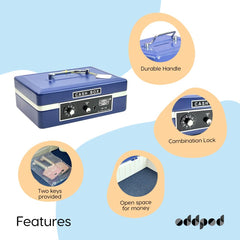 Imported Metal Cash Box With Dual Combination & Password Lock Medium Size Money Box For Cash, Jewellery Safe Locker With Removable Plastic Coin Tray, Colour - Blue, Material - Metal