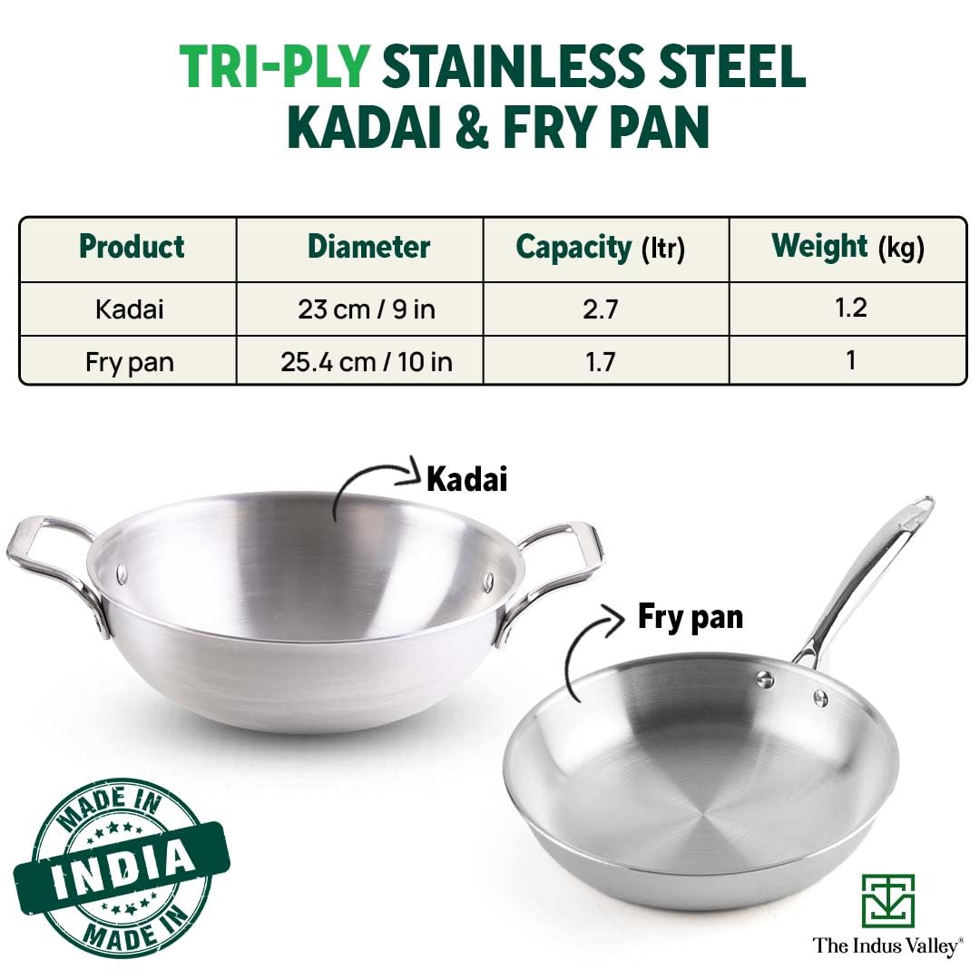 Triply Stainless Steel Cookware Set + Free Wooden Chopping Board | Kadai 23 Cm, 2.7 Liters + Fry Pan 25.4 Cm, 1.7 Liters - Kitchen Cooking Combo Pots & Pans Set Of 3 Pcs | Naturally Nonstick Triply Stainless Steel Cookware Set + Free Wooden Chopping Board | Kadai 23 Cm, 2.7 Liters + Fry Pan 25.4 Cm, 1.7 Liters - Kitchen Cooking Combo Pots & Pans Set Of 3 Pcs | Naturally Nonstick