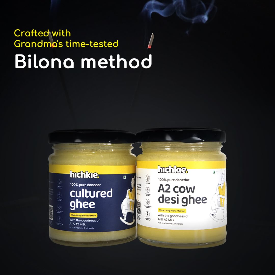 Natural A2 Cow Desi Ghee & Cultured Ghee By Hichkie | Rich In Vitamin A, D & K Healthy Vedic Bilona Method Pure Desi Ghee For Enhances Immunity | 360ml (180ml * 2) 12.1 Ounce | Combo Pack Natural A2 Cow Desi Ghee & Cultured Ghee By Hichkie | Rich In Vitamin A, D & K Healthy Vedic Bilona Method Pure Desi Ghee For Enhances Immunity | 360ml (180ml * 2) 12.1 Ounce | Combo Pack