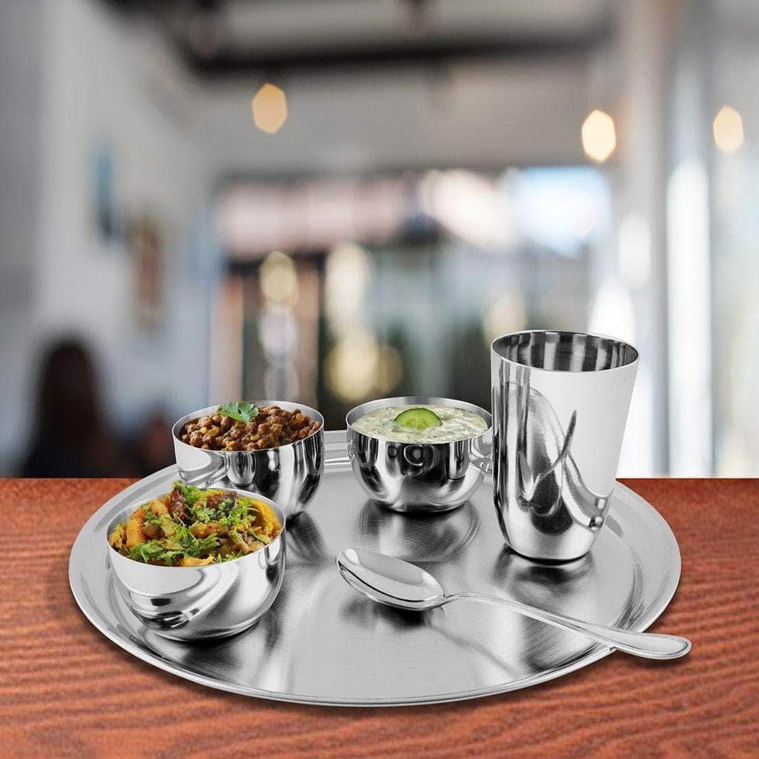 Stainless Steel Dinner Thali Set Of 6 Pieces, Silver | 1 Thali+ 3 Katoris+ 1 Glass+ 1 Dessert Spoon - Easy To Clean & Dishwasher Safe Stainless Steel Dinner Thali Set Of 6 Pieces, Silver | 1 Thali+ 3 Katoris+ 1 Glass+ 1 Dessert Spoon - Easy To Clean & Dishwasher Safe