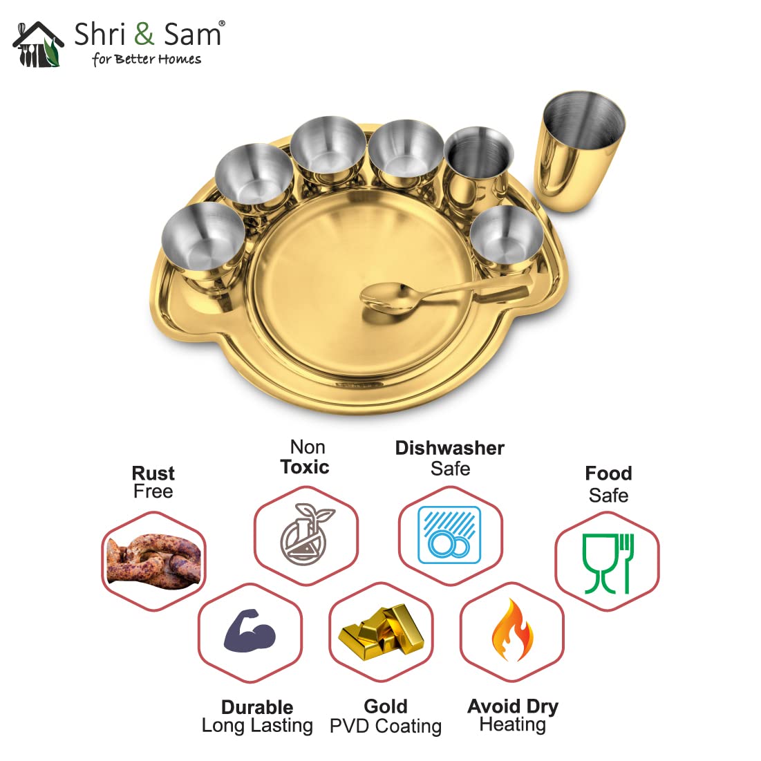 Nifty High Grade Stainless Steel Thali Set With PVD Coating, Gold | 5 Katoris+ 1 Glass+ 1 Quarter Plate+ 1 Full Plate+ 1 Dessert Spoon Nifty High Grade Stainless Steel Thali Set With PVD Coating, Gold | 5 Katoris+ 1 Glass+ 1 Quarter Plate+ 1 Full Plate+ 1 Dessert Spoon