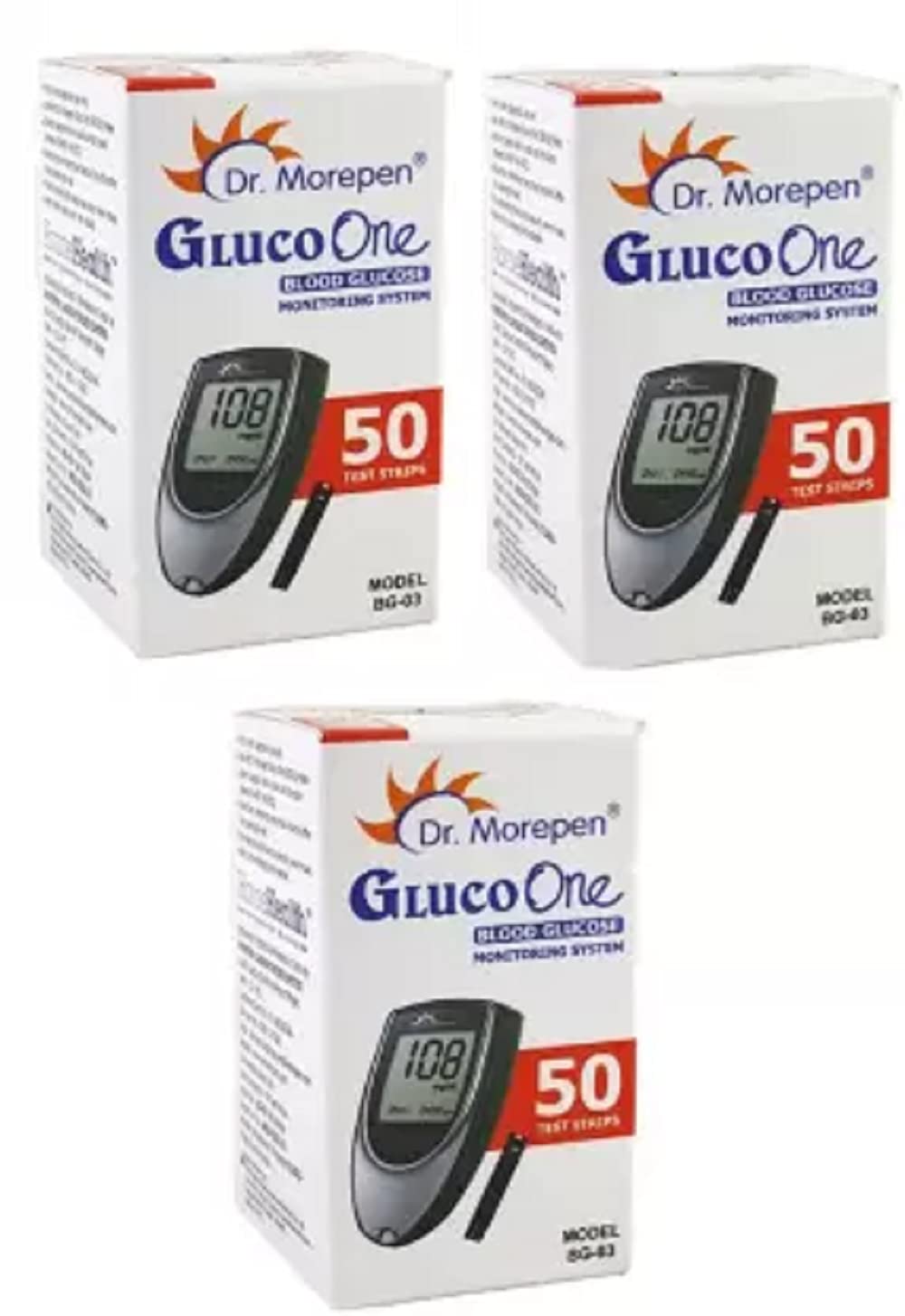 Dr. Morepen Gluco One Blood Glucose Monitoring System Pack Of 3 - BG-03 | 3X 50 Glucometer Strips Dr. Morepen Gluco One Blood Glucose Monitoring System Pack Of 3 - BG-03 | 3X 50 Glucometer Strips