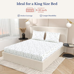 Super King Pure Cotton Bedsheet With 2 Pillow Covers | 108 × 108 Inches, White & Green | Soft Breathable Floral Design Bedding | Comfortable Sleep All Year