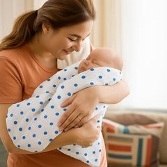 Organic Cotton Muslin Baby Bath Towel 200 Gsm | Cotton Cloth Premium Baby Washable Reusable, Absorbent, Extra Soft (Blue Dot & Grey Zig Zag)- Pack Of 2