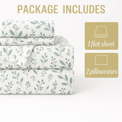 Double Bed Bedsheet Set With 2 Pillow Covers - 90 X 100 Inch, White | Ultra Soft & Wrinkle-Free Microfiber Flat Sheet - Green Petals Print