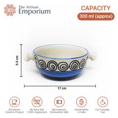 Blue Swirl Ceramic Snack Bowls With Handles - 2 Pieces, 300ml Each | Hand Painted Handled Soup Bowls - Ceramic Snacks Serving Bowls Set | Microwave Safe & Dishwasher Safe