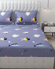 Wrinkle Free Soft Kids Double Bedsheets For King Size With 2 Pillow Cover | 90 X 95 Inches, Light Blue | Cartoon Printed Design | Child Bedroom Decor