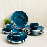 Retro Green Handcrafted Ceramic Dinner Set - 18 Pieces | 6 Dinner Plates + 6 Katori Bowls, 180ml Each+ 6 Quarter Plates Dinnerware Set | Serving For 6, Microwave Safe & Dishwasher Safe