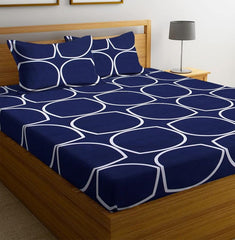 Premium Cotton Elastic Fitted Bedsheets With 2 King Size Pillow Covers - 72 X 78 + 10 Inches, Blue & White | Super Soft Brushed Glace | Breathable & Wrinkle Free