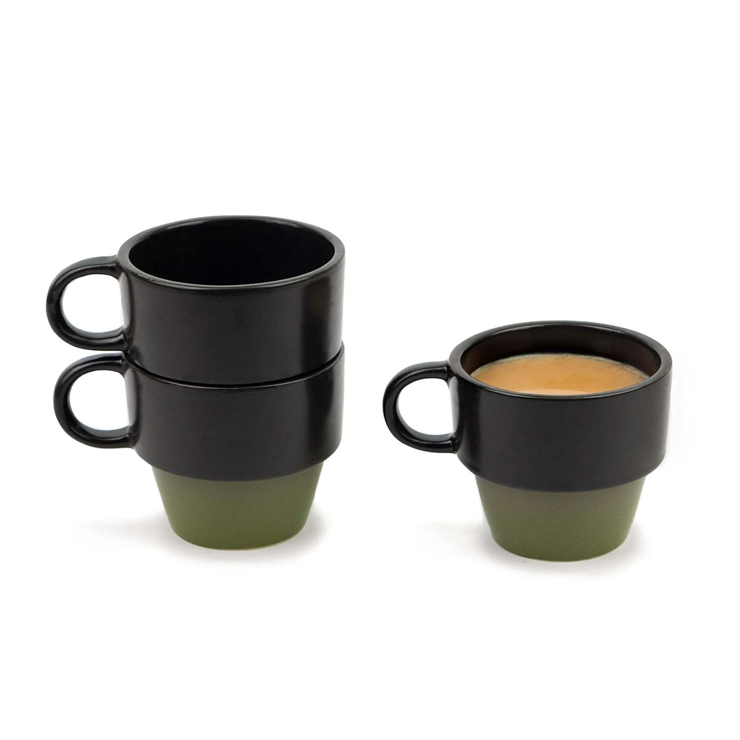 Ceramic Stackable Tea Cup Set Of 6 - Black Olive, 200ml Each | Cup Set Of 6 For Tea - Matte Finish Tea Cup Set | Premium Stoneware Ceramic Cup Ceramic Stackable Tea Cup Set Of 6 - Black Olive, 200ml Each | Cup Set Of 6 For Tea - Matte Finish Tea Cup Set | Premium Stoneware Ceramic Cup