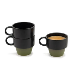 Ceramic Stackable Tea Cup Set Of 6 - Black Olive, 200ml Each | Cup Set Of 6 For Tea - Matte Finish Tea Cup Set | Premium Stoneware Ceramic Cup