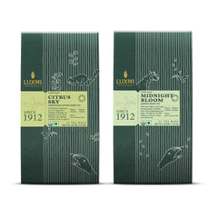 Luxmi Estates Citrus Sky + Midnight Bloom Green Tea Pack Of 2 - 50gm, 1.7 Ounce, 25 Tea Bags In Each | USDA Certified Organic Green Tea - Made With Lemongrass Ginger, Rose, Jasmine Green Tea