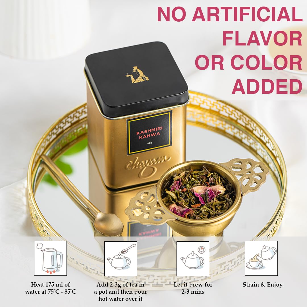 Chayam Kashmiri Kahwa Green Tea - 50gm, 1.7 Ounce | Detox Kahwa Tea For Digestion & Metabolism - Blended With Saffron, Cardamom, Cinnamon, Cloves, Almond & Rose Petals | Low Caffeine Chayam Kashmiri Kahwa Green Tea - 50gm, 1.7 Ounce | Detox Kahwa Tea For Digestion & Metabolism - Blended With Saffron, Cardamom, Cinnamon, Cloves, Almond & Rose Petals | Low Caffeine