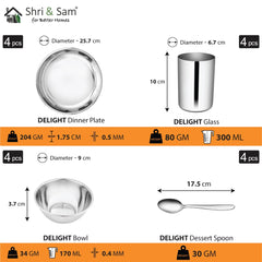 Stainless Steel Delight Solid Dinner Set Of 16 Pieces, Silver | 4 Dinner Plates+ 4 Glasses+ 4 Bowls+ 4 Dessert Spoons - Easy To Clean & Dishwasher-Safe