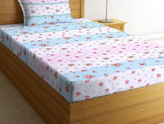 Bedsheet Single Size Elastic Fitted With 1 Pillow Cover - 48 X 72 X 8 Inches, White & Sky Blue | Soft Touch To Skin | Perfect Ideal For House, Hotel, Guest House Bedsheet
