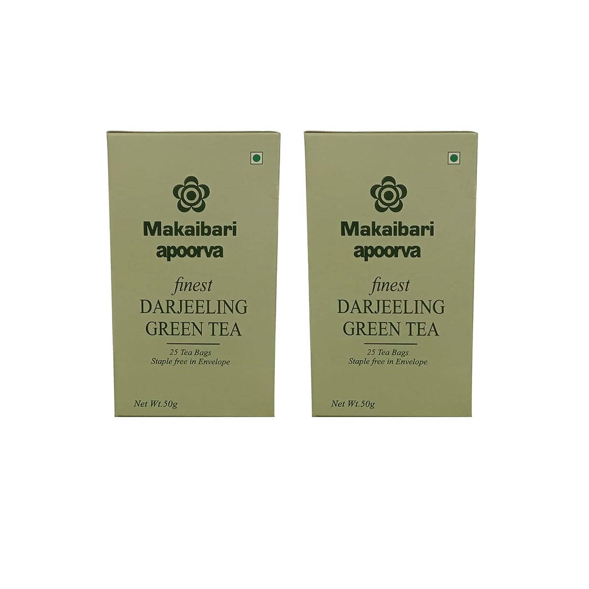 Makaibari Apoorva Finest Darjeeling Green Tea - Pack Of 2 X 50gm, 1.7 Ounce, 25 Tea Bags | Darjeeling Loose Leaf Green Tea - USDA Organic Certified Tea | Low Caffeine - Antioxidants, Immunity Booster