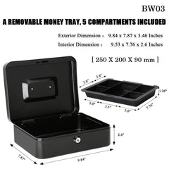 Cash Box, With Key Lock & Coin Try, Portable, 10" Inch Petty Cash Box, Money Safe Box | Colour - Black, Material - Alloy Steel