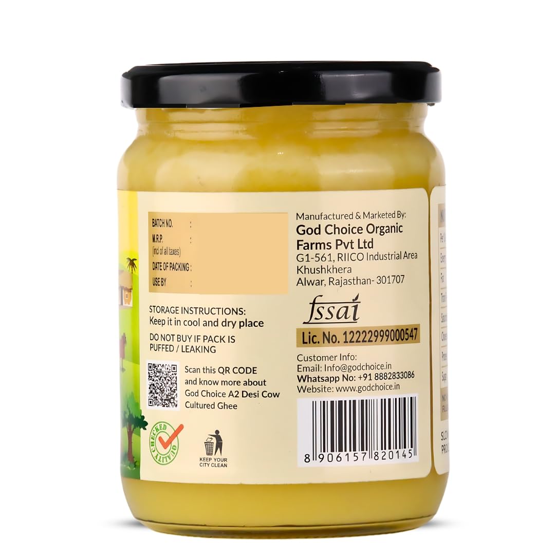 Organic Natural A2 Desi Cow Ghee By God Choice Organic Farms | High In Protein Fiber Healthy Desi Ghee For Boost Immunity | (500ml) 16.9 Ounce | Jar Pack Organic Natural A2 Desi Cow Ghee By God Choice Organic Farms | High In Protein Fiber Healthy Desi Ghee For Boost Immunity | (500ml) 16.9 Ounce | Jar Pack