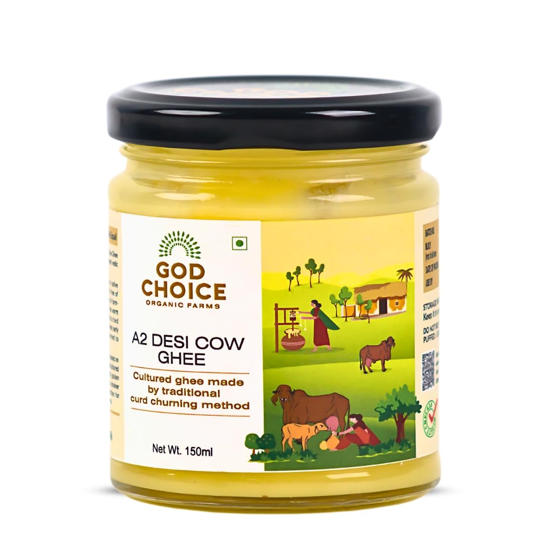 Organic Natural A2 Desi Cow Ghee By God Choice Organic Farms | High In Protein Fiber Healthy Desi Ghee For Bakes Cookies | (150ml) 5.0 Ounce | Jar Pack