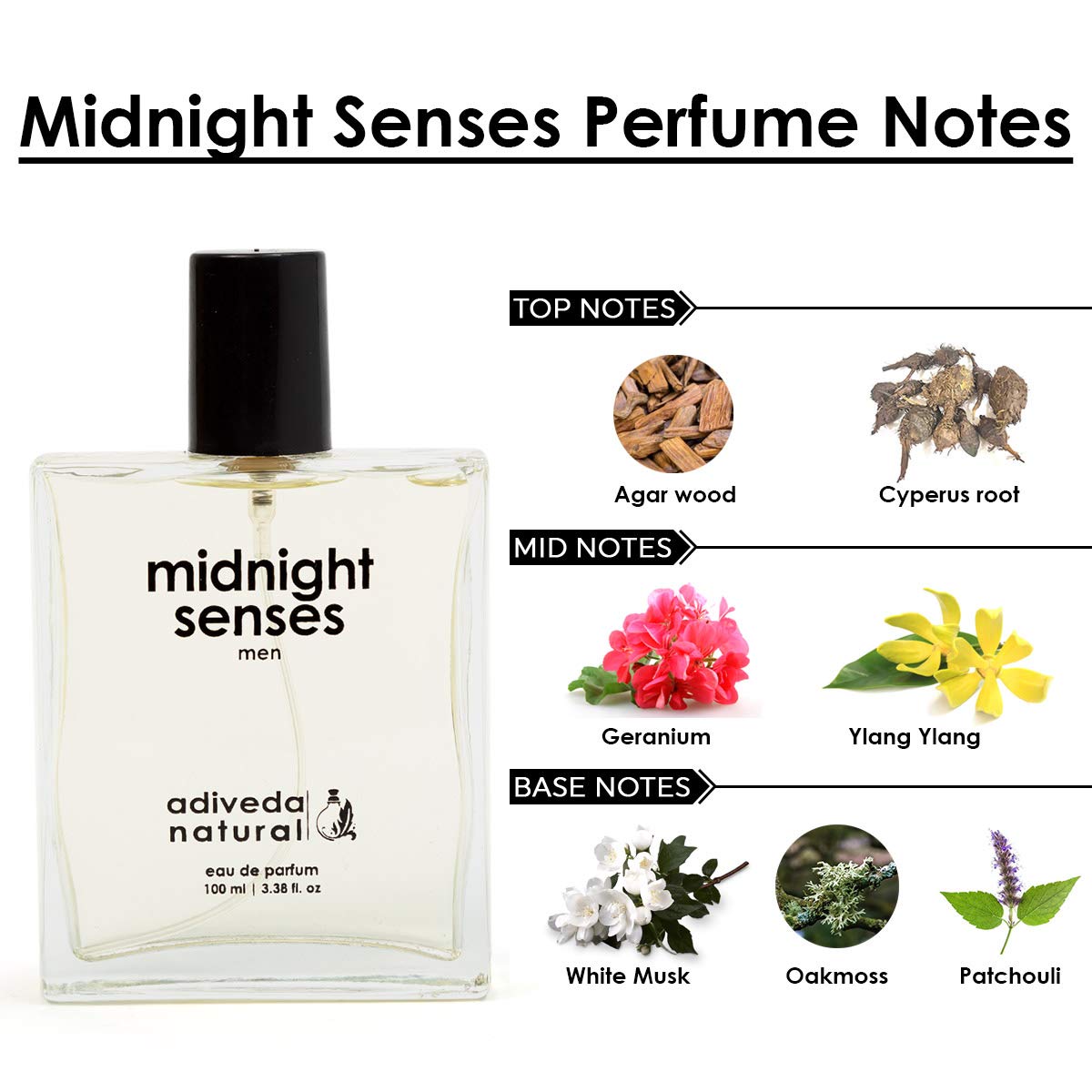 Adiveda Natural Midnight Senses Eau De Parfum | White Arabian Oudh Perfume For Men 100ml 3.4 Fl.oz. Adiveda Natural Midnight Senses Eau De Parfum | White Arabian Oudh Perfume For Men 100ml 3.4 Fl.oz.