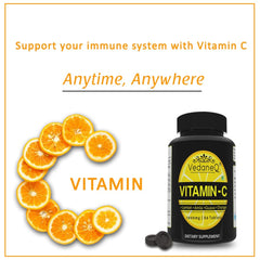 Vedaneq Natural Vitamin C Tablets Ascorbic Acid Amla, Orange, Lemon, Guava, High Potency Formula For Men & Women | 60 Chewable Tablets , 100gm 0.2lbs