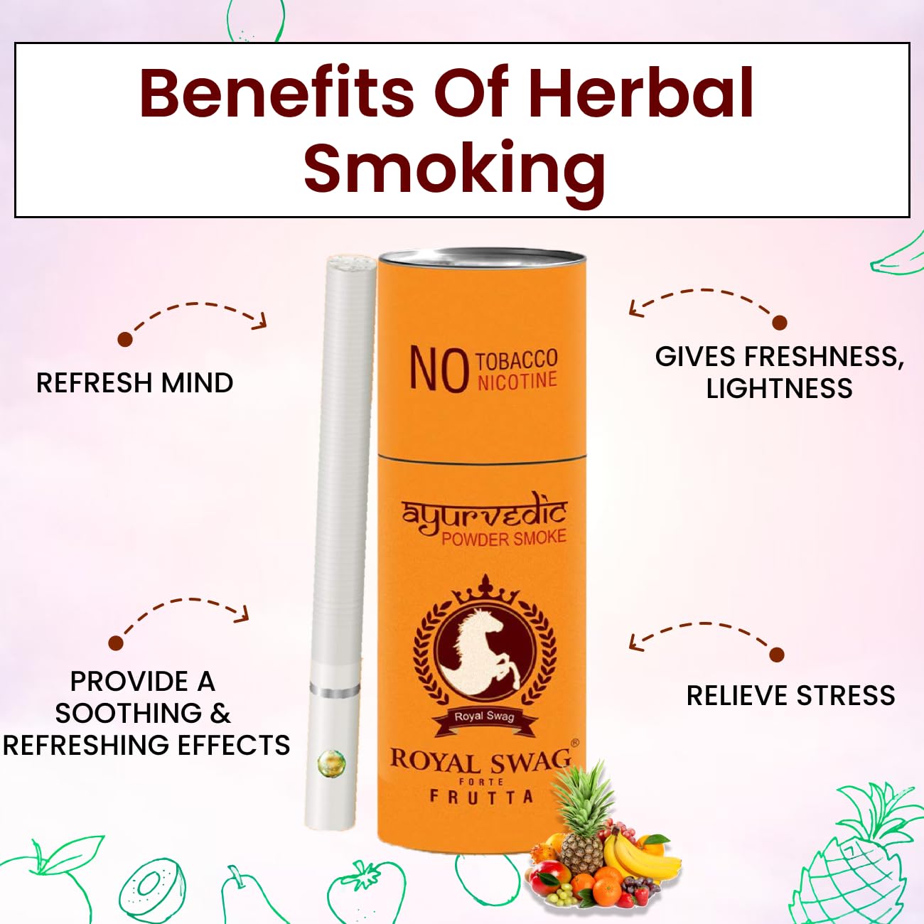 Royal Swag Ayurvedic Herbal Cigarettes Frutta, Mint Flavour Smoke King Size 50 Stick Each 100% Nicotine & Tobacco Free - Made With Natural Herbs Clove, Tulsi, Cinnamon, Mulethi (Non-Addictive) Royal Swag Ayurvedic Herbal Cigarettes Frutta, Mint Flavour Smoke King Size 50 Stick Each 100% Nicotine & Tobacco Free - Made With Natural Herbs Clove, Tulsi, Cinnamon, Mulethi (Non-Addictive)