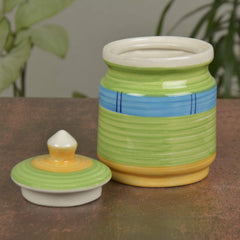 Hand Painted Ceramic Jar (Burni) Set With Lid Set Of 2 - 500ml Each, Green & Blue | Dahi Handi - Serving Pot - Biryani Handi