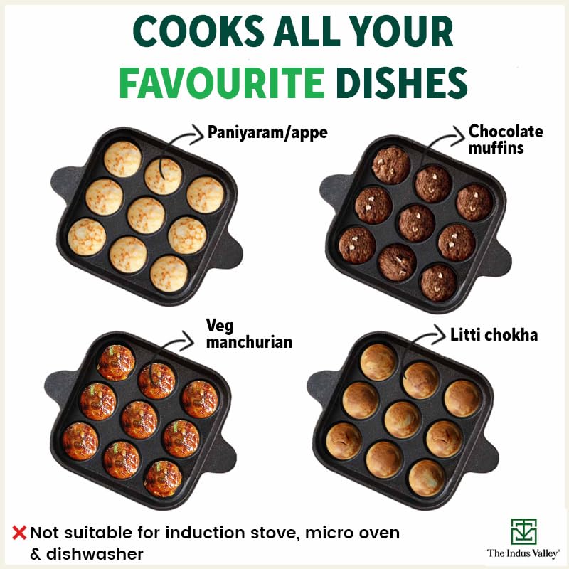 Pre-Seasoned Black Cast Iron Square Paniyaram Pan With Spatula - Small, 9 Pit, 9.4 Inch, 2.8 Kg | Induction Friendly - Nonstick Appe Or Paddu Pan,100% Pure & Toxin-Free, No Chemical Coating Pre-Seasoned Black Cast Iron Square Paniyaram Pan With Spatula - Small, 9 Pit, 9.4 Inch, 2.8 Kg | Induction Friendly - Nonstick Appe Or Paddu Pan,100% Pure & Toxin-Free, No Chemical Coating