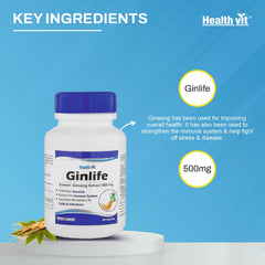 Healthvit Ginlife Korean Ginseng Extract 500mg, Improves Concentration & Cognitive Activities | 60 Capsules 100gm 0.2lbs