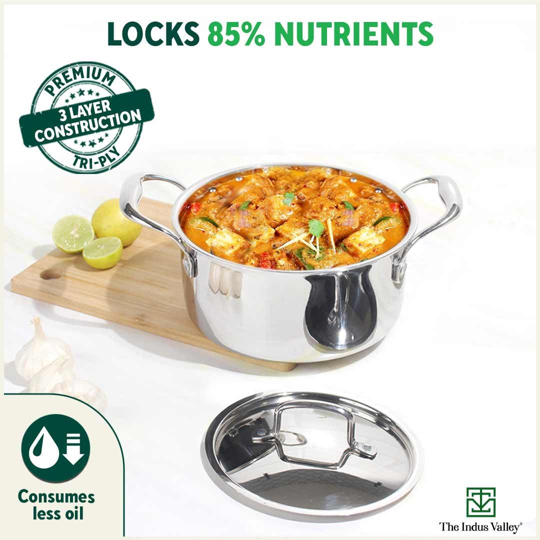 Triply Stainless Steel Stock Pot Or Casserole With Steel Lid | Very Small, 20cm, 7.8 Inch, 2.1 Liters, 1.3 Kg - Induction Friendly, Nonstick 3-Layer Body, 100% Pure & Toxin-Free Triply Stainless Steel Stock Pot Or Casserole With Steel Lid | Very Small, 20cm, 7.8 Inch, 2.1 Liters, 1.3 Kg - Induction Friendly, Nonstick 3-Layer Body, 100% Pure & Toxin-Free