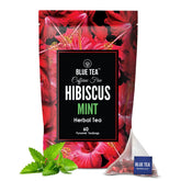 Blue Tea Caffeine Free Hibiscus Mint Herbal Tea - 60 Pyramid Tea Bags | Skin Glow Enhancing Tea - Gluten Free, Non GMO | Plant Based Tangy Taste - Zip Lock Pouch