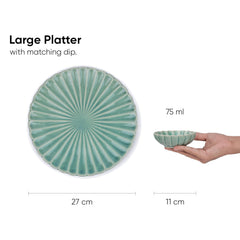 Large Flower Ceramic Serving Platter With Dip, 75ml - Light Mint | Serving Plate With Glossy Finish - Platters Serving Set | Snacks Serving Plates - Ceramic Flower Platter + Dip