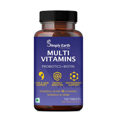 Simply Earth Multivitamin For Men & Women | With 7 Vital Blends & 36 Nutrients , Probiotics Vitamin C, Zinc & Biotin | 120 Tablets , 200gm 0.4lbs