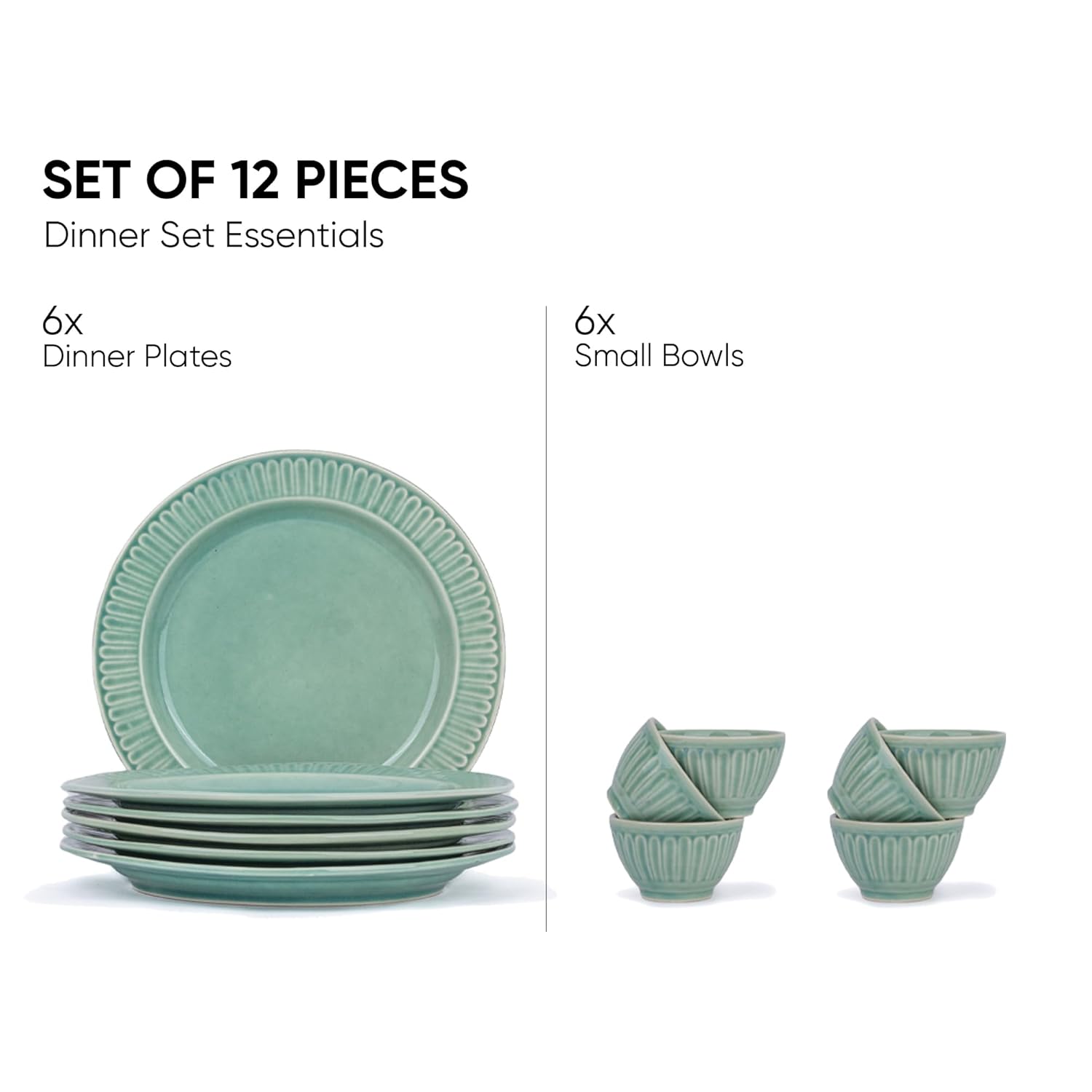 Ceramic Dinner Set Of 12 Pcs, Light Mint | Crockery Set For Dining Table - Dining Sets Crockery Items With Glossy Finish | 6 Dinner Plates+ 6 Veg Bowls, 200ml Each Ceramic Dinner Set Of 12 Pcs, Light Mint | Crockery Set For Dining Table - Dining Sets Crockery Items With Glossy Finish | 6 Dinner Plates+ 6 Veg Bowls, 200ml Each