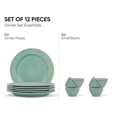 Ceramic Dinner Set Of 12 Pcs, Light Mint | Crockery Set For Dining Table - Dining Sets Crockery Items With Glossy Finish | 6 Dinner Plates+ 6 Veg Bowls, 200ml Each