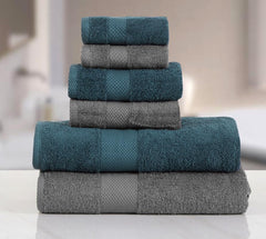 Fash Home International Micro Twist Towel 1800 Gsm Combo - 2 Bath + 2 Hand + 2 Face Towel (Peacock Blue & Charcoal Grey) - 6 Pcs
