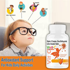 Well- C Vitamin C Tablets Immunity Booster For Kids And Zinc Supplements For Growth Strength Strong Bones Sugar Free | Orange Flavor, 60 Chewable Tablets , 100gm 0.2lbs