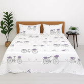 Bedsheet For Double Bed Includes Pillow Covers - Double Bed Size 90 X 100 Inches, White | Fun & Colorful City Bicycle Print | Soft, Wrinkle-Free & Cozy Bedding