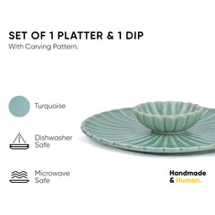 Large Flower Ceramic Serving Platter With Dip, 75ml - Light Mint | Serving Plate With Glossy Finish - Platters Serving Set | Snacks Serving Plates - Ceramic Flower Platter + Dip