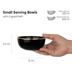Ceramic Bowl Set Of 4 Pieces For Snacks - 330ml Each, Black Gold | Maggie Bowl, Noodle Bowl With Glossy Finish - Premium Stoneware | Microwave Safe & Dishwasher Safe