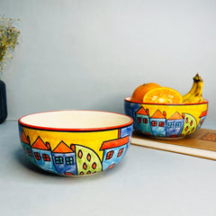 Exotic Panorama Ceramic Serving Bowl Set Of 2 Pieces - 800ml Each, Multicolor | Hand Painted Large Dining Serving Bowls For Serving | Microwave Safe & Dishwasher Safe
