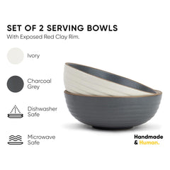 Ceramic Japandi Medium Pasta Bowl Set Of 2 Pieces - 17cm, Grey & White, 850ml Each | Stoneware Ceramic Serving Bowls - 1 Grey Bowl + 1 White Bowl | Deep Plate - Ceramic Bowl With Matte Finish