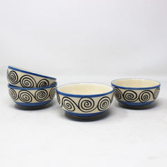 Blue Swirl Hand Painted Ceramic Dining Bowl Katoris - 6 Pieces, 180ml Each | Ceramic Bowls - Serving Bowls For Dinner, Snacks & Dessert - Microwave Safe