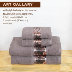 Rangoli 100% Cotton Fibre 2 Hand & 2 Bath Towels 1400 Gsm | Highly Durable & Absorbent With Printed Border | Quick Drying Towels (Brown) - Pack Of 4