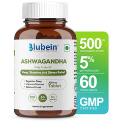 Blubein Ashwagandha Natural Stress Reliever, Enhances Physical Performance 500mg With 5% Withanolides, For Stress Relief & Anxiety Reduction | 60 Tablets 100gm 0.2lbs