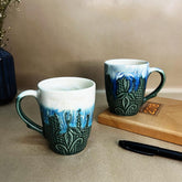 Handcrafted Charcoal Ice Burst Carved Ceramic Coffee Mug Set Of 2 - 350ml Each | Ceramic Mugs For Coffee, Tea, Milk - Microwave Safe & Dishwasher Safe