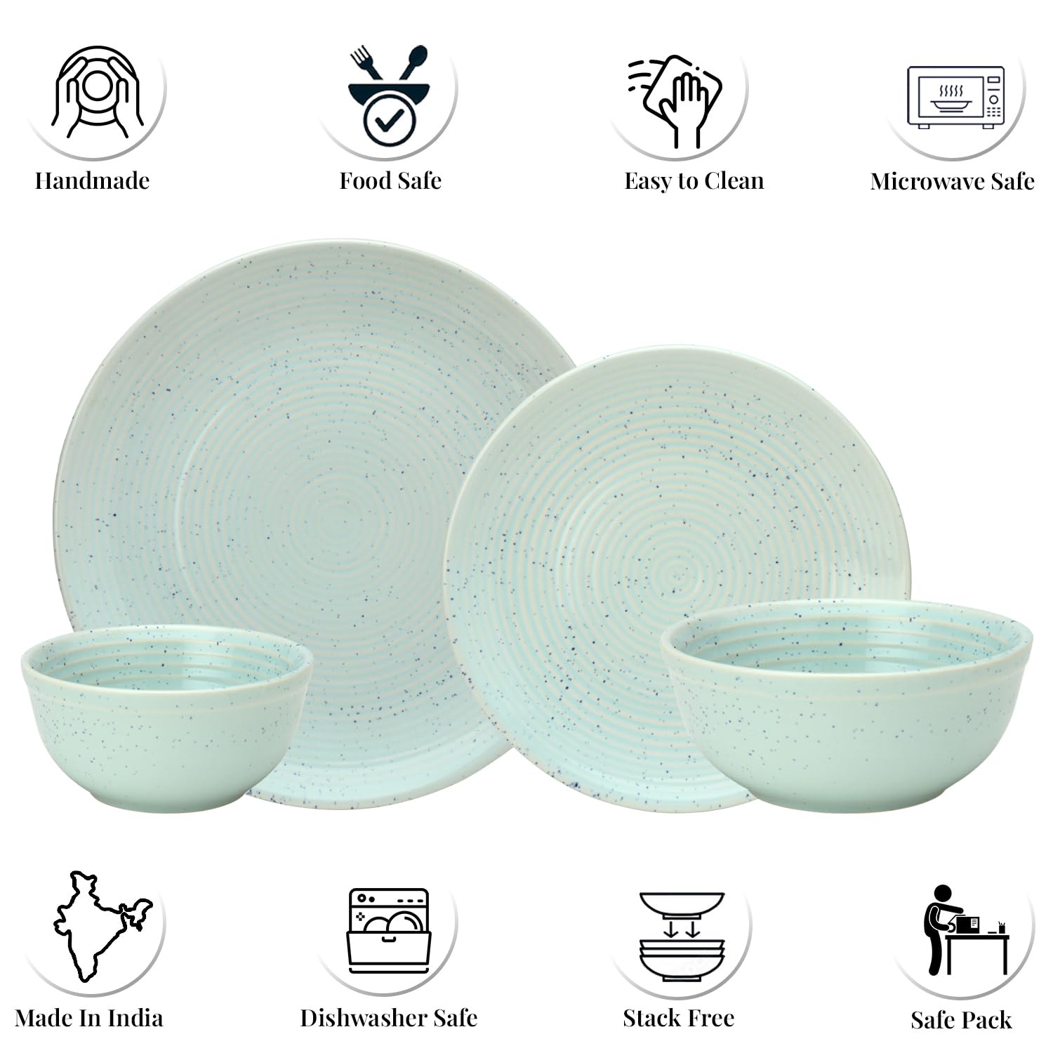 Handcrafted Ceramic Stoneware Dinner Set Of 14 Pieces With Serving Bowl Set - Mint Green | 4 Dinner Plates + 4 Small Plates + 4 Dinner Bowl, 180ml Each+ 2 Serving Bowl, 1000ml Each - Microwave Safe Handcrafted Ceramic Stoneware Dinner Set Of 14 Pieces With Serving Bowl Set - Mint Green | 4 Dinner Plates + 4 Small Plates + 4 Dinner Bowl, 180ml Each+ 2 Serving Bowl, 1000ml Each - Microwave Safe